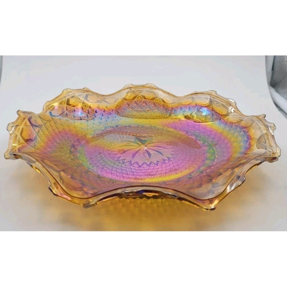Vintage Indiana Glass Iridescent Gold Amber Carnival Glass Hostess Plate 10"